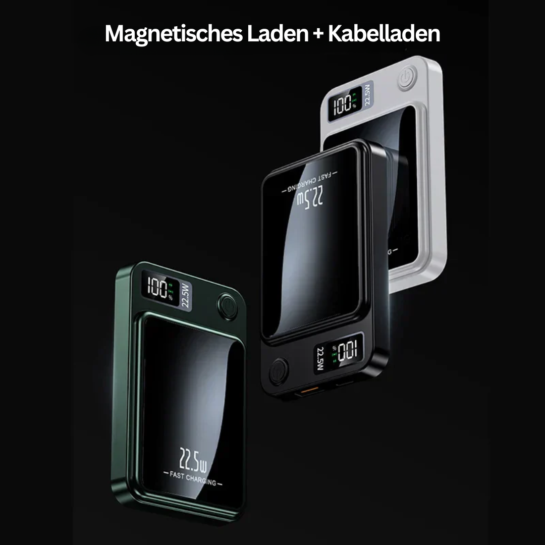 Schwarze und weiße Powerbanks mit LED-Anzeige, magnetisches und kabelgebundenes Laden.