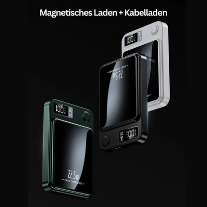 Schwarze und weiße Powerbanks mit LED-Anzeige, magnetisches und kabelgebundenes Laden.
