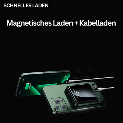 Grünes iPhone mit magnetischem Ladegerät, kabelloses Schnellladen, modernes Design.