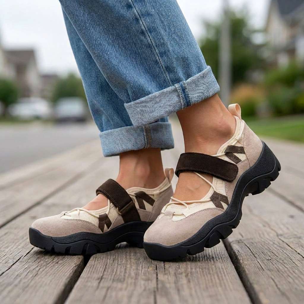 Beige skor med brun rem bärda med uppvikta jeans på en trästig utomhus. 6