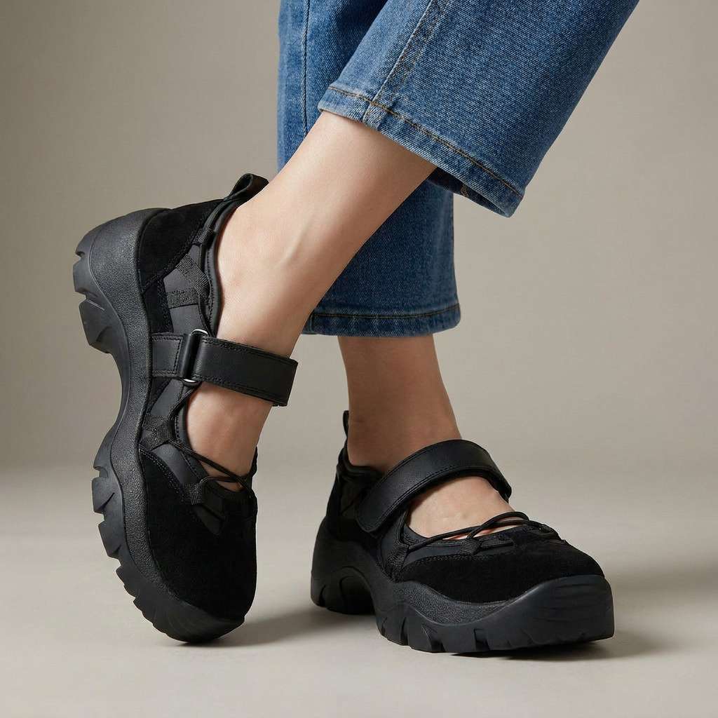Studiobild av helsvarta skor med kardborrerem och grov sula, bärda med blå jeans. 5