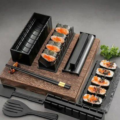 Sushi-Maker-Set aus Kunststoff, schwarz, mit Holzbrett, ideal für Sushi-Zubereitung zu Hause.