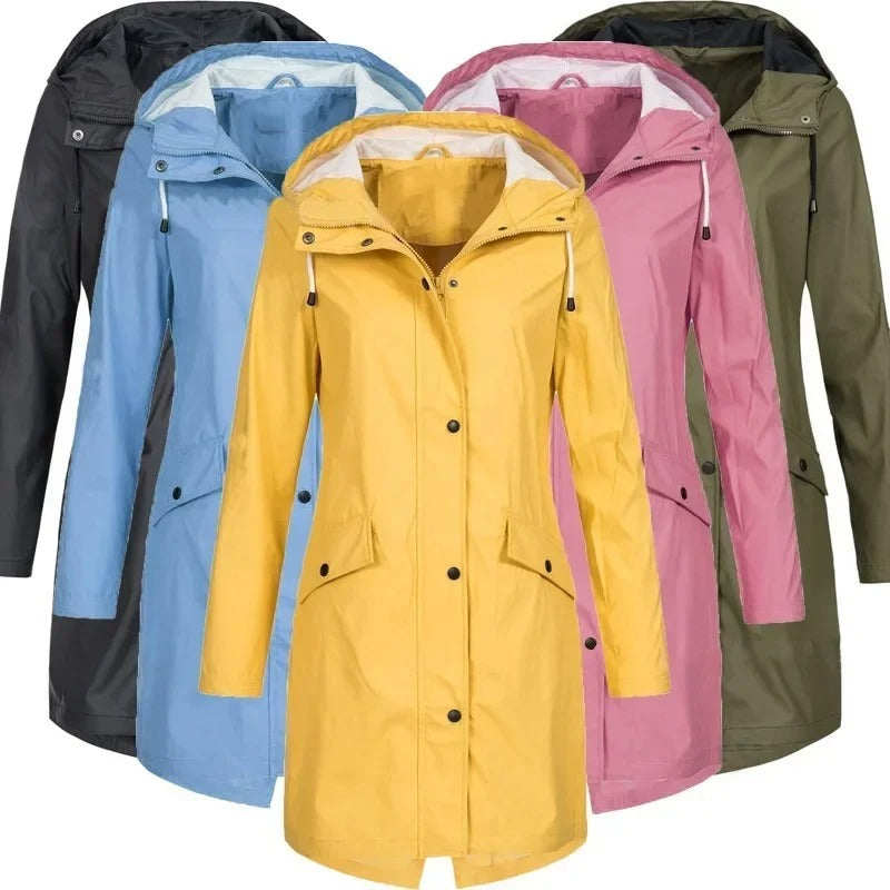 Damen Regenmäntel in Gelb, Blau, Rosa, Grün, Schwarz; wasserdicht, Kapuze, Outdoor-Bekleidung.