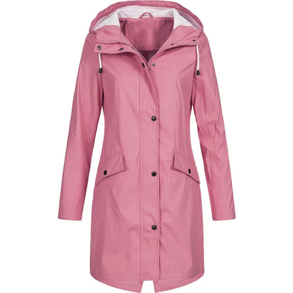 Rosa Damen-Regenmantel mit Kapuze, wasserdicht, modisch, Outdoor-Bekleidung.