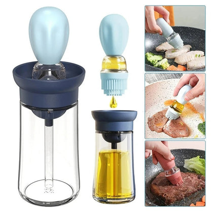 Ölspender mit Silikonpinsel, blau, Glasbehälter, ideal zum Kochen und Grillen.