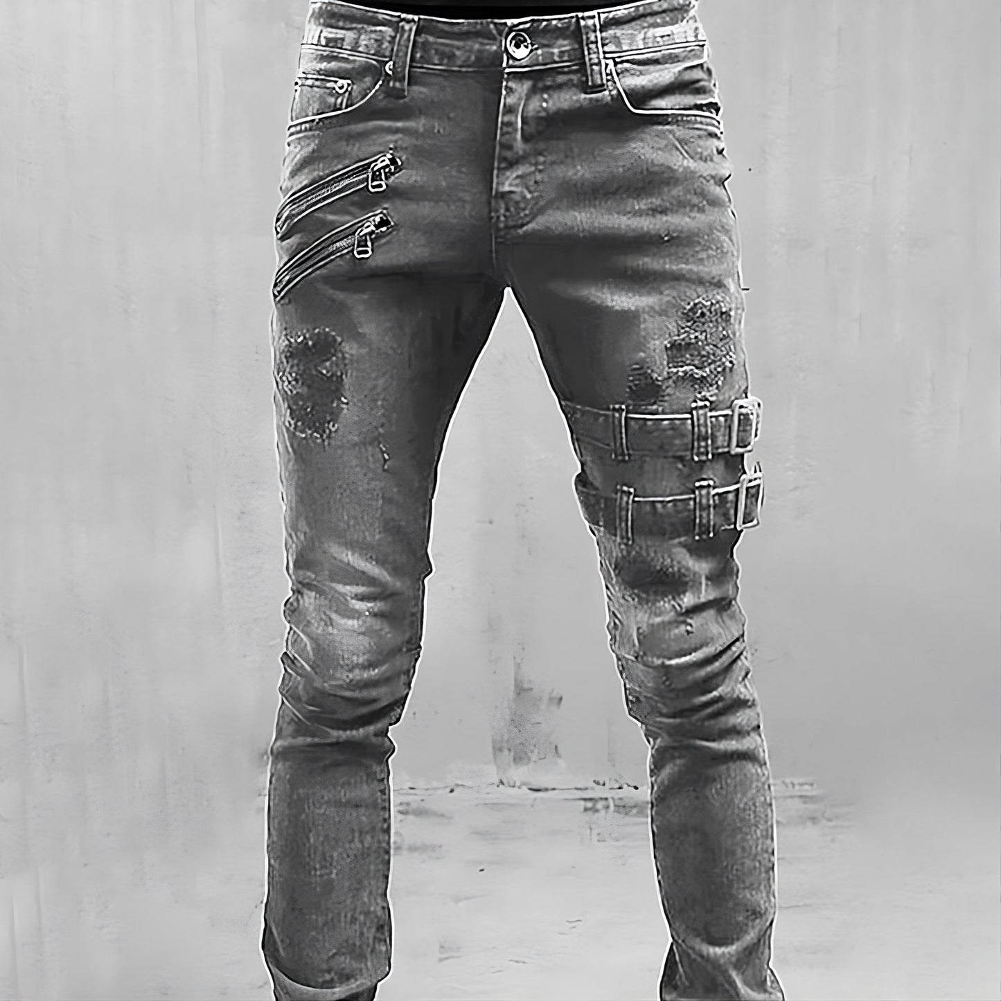 Graue Jeans mit Reißverschlüssen und Schnallen, modisch, urbaner Stil, Herrenmode.