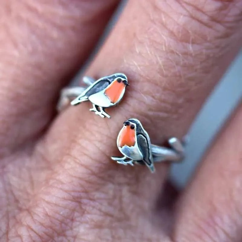 Silberring mit Rotkehlchen-Design, handgefertigt, verstellbar, Vogelschmuck, Geschenkidee.