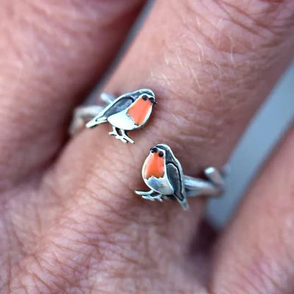 Silberring mit Rotkehlchen-Design, handgefertigt, verstellbar, Vogelschmuck, Geschenkidee.