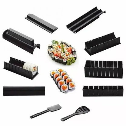 Schwarzes Sushi-Maker-Set aus Kunststoff, verschiedene Formen, ideal für Sushi-Zubereitung.