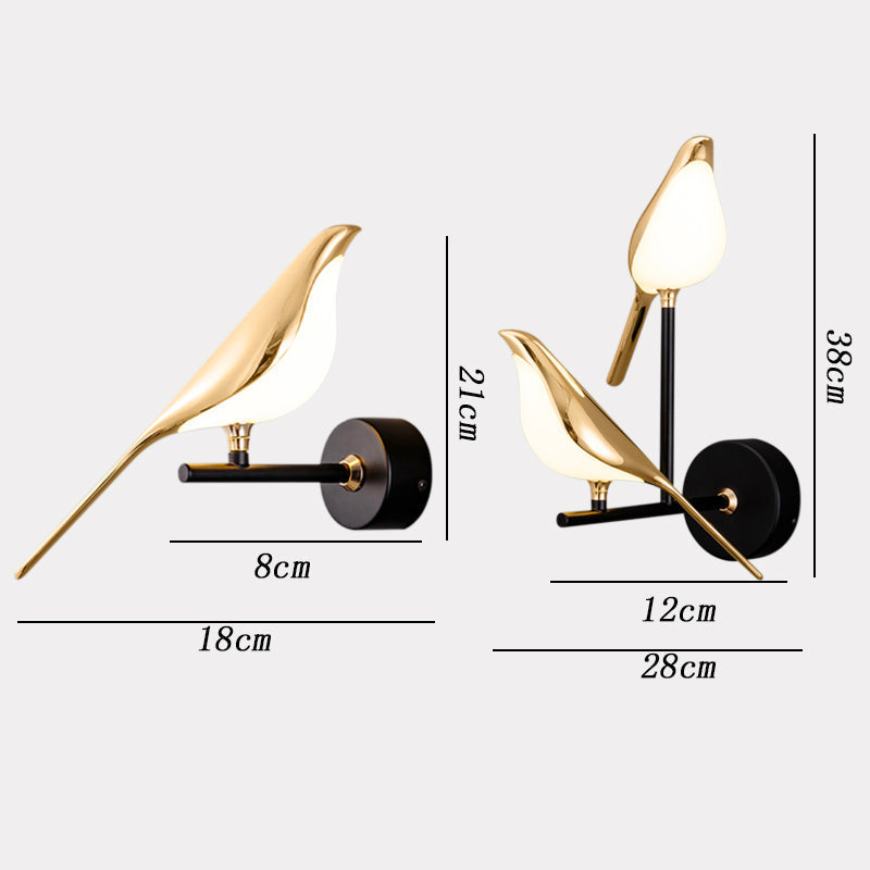 Goldene Vogel-Design LED-Wandlamp, modern, für Wohnzimmer oder Schlafzimmer, 38cm hoch.