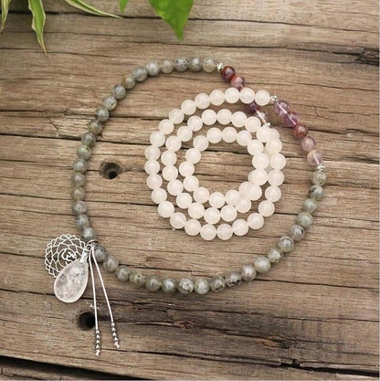 Labradorit und Rosenquarz Mala Halskette mit Anhänger, handgefertigt, spiritueller Schmuck.