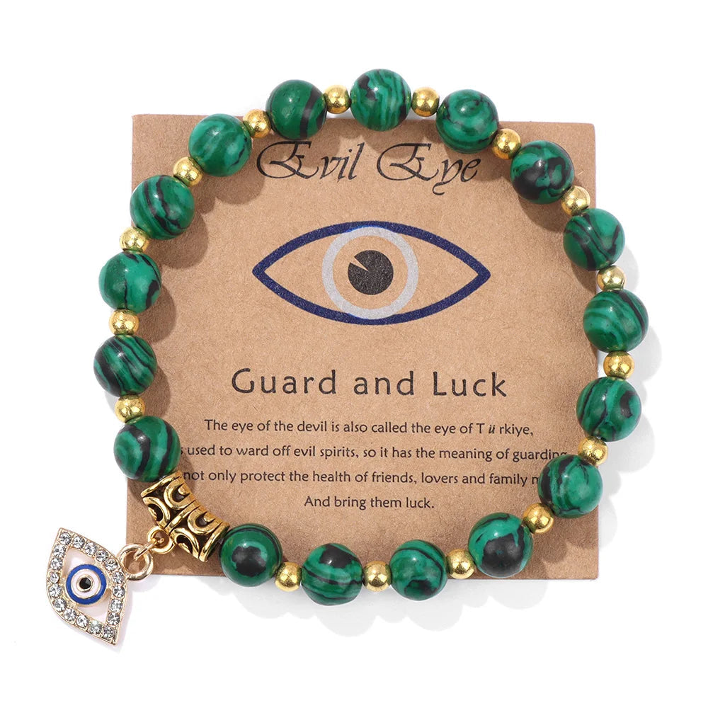 Malachit-Armband mit goldenen Perlen und Auge-Anhänger, Schutz und Glück, Schmuck.