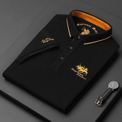 Schwarzes Herren-Poloshirt mit goldener Stickerei, Baumwolle, elegantes Design.