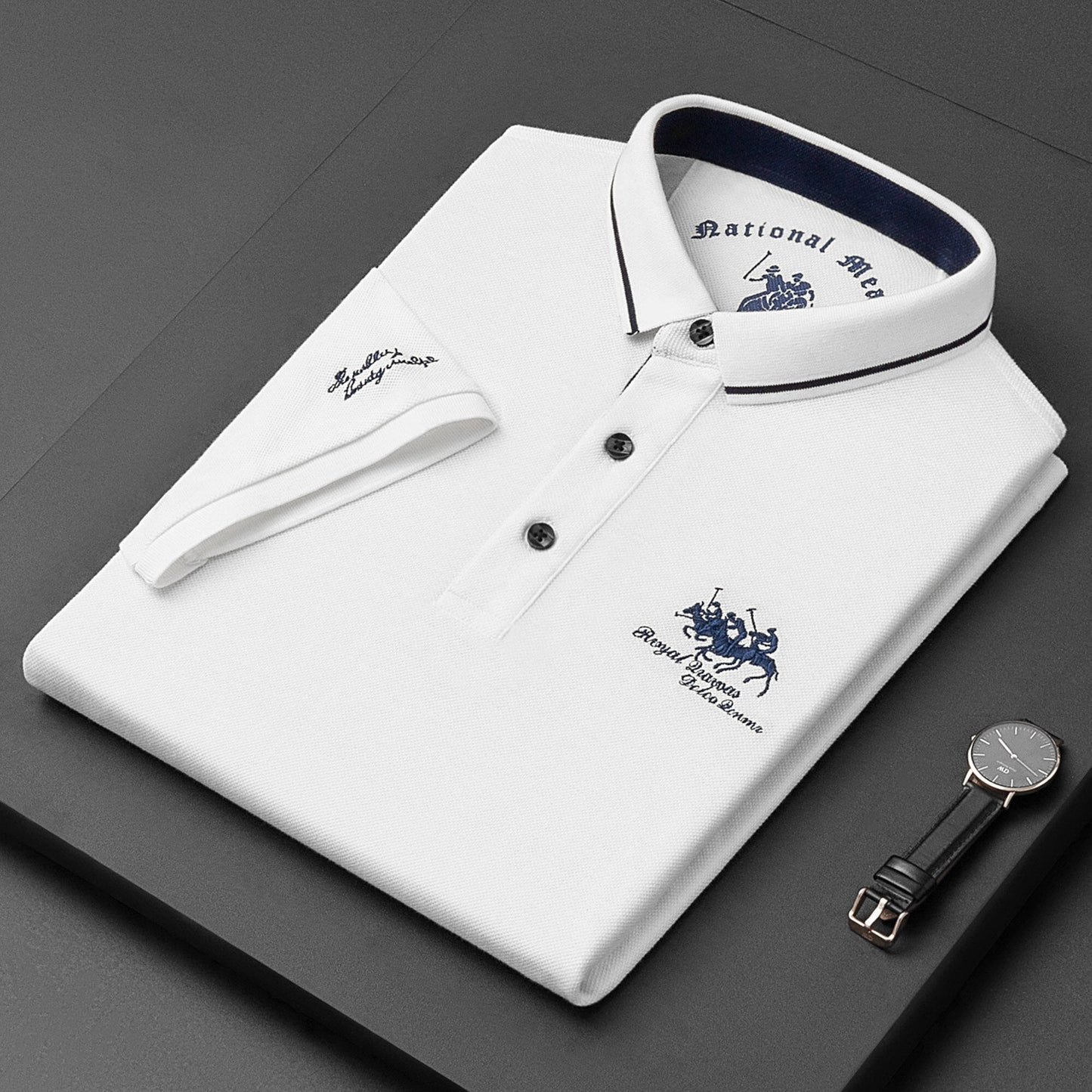Weiße Herren-Poloshirt mit Stickerei, Baumwolle, elegantes Design, Knopfleiste, Malestique.