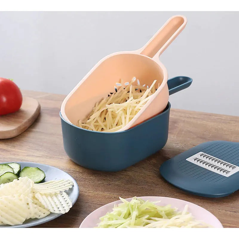 Multifunktionale Mandoline Gemüseschneider mit Sieb, blau-orange, für Küche, Kartoffeln, Gurken.