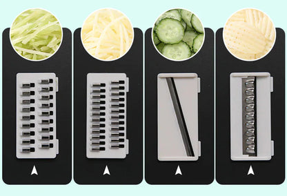 Mandoline Gemüseschneider mit vier Klingen für Kartoffeln, Gurken, multifunktional, schwarz.