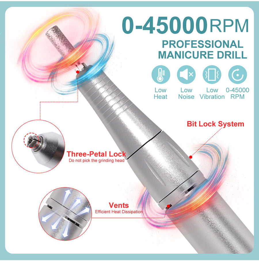 Professioneller silberner Maniküre-Bohrer, 0-45000 U/min, mit Bit-Lock-System und Lüftung.
