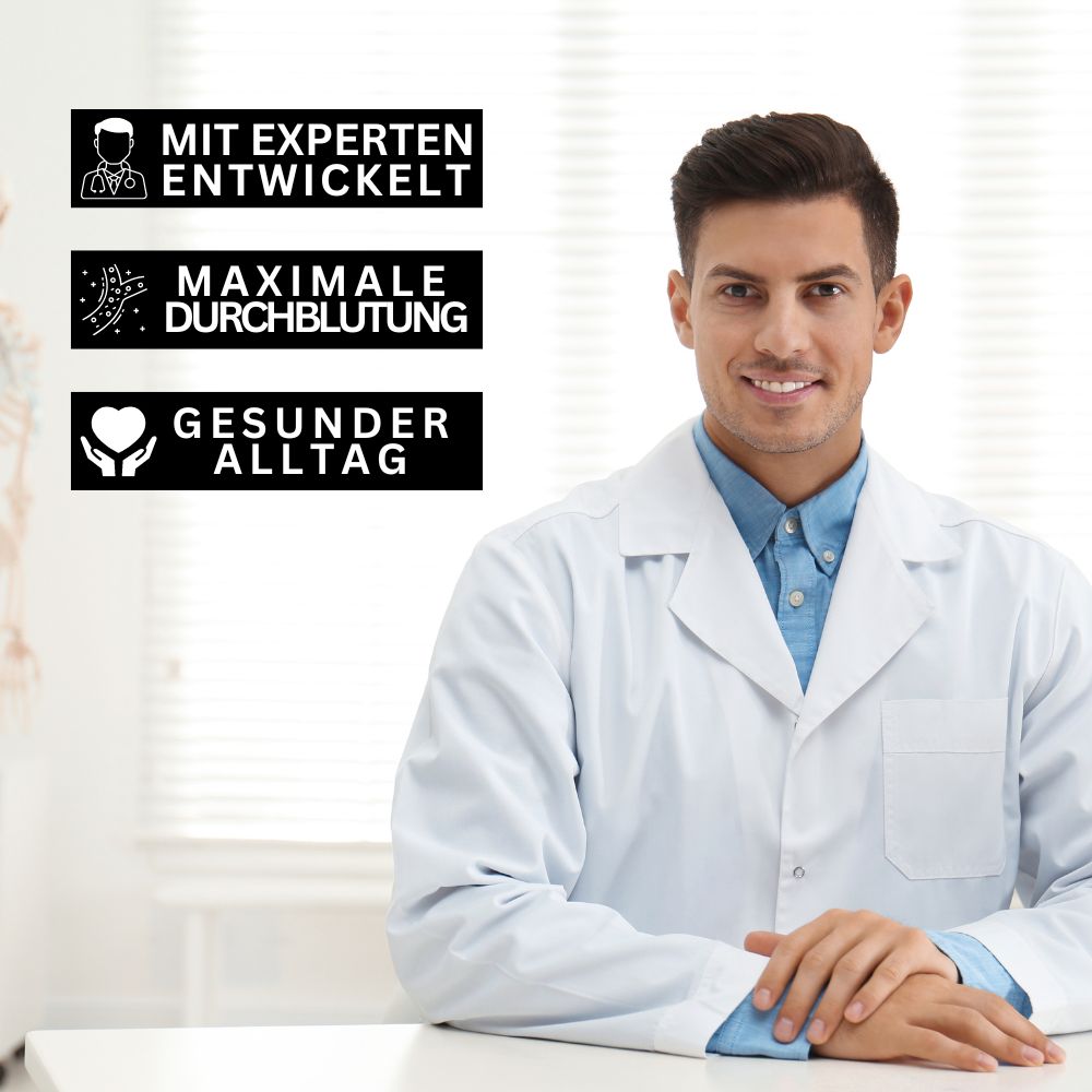 Mann im weißen Laborkittel, lächelnd, mit Text über Experten, Durchblutung, gesunder Alltag.