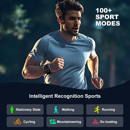 Mann beim Joggen mit Smartwatch, 100+ Sportmodi, intelligente Sporterkennung, Fitness-Tracking.