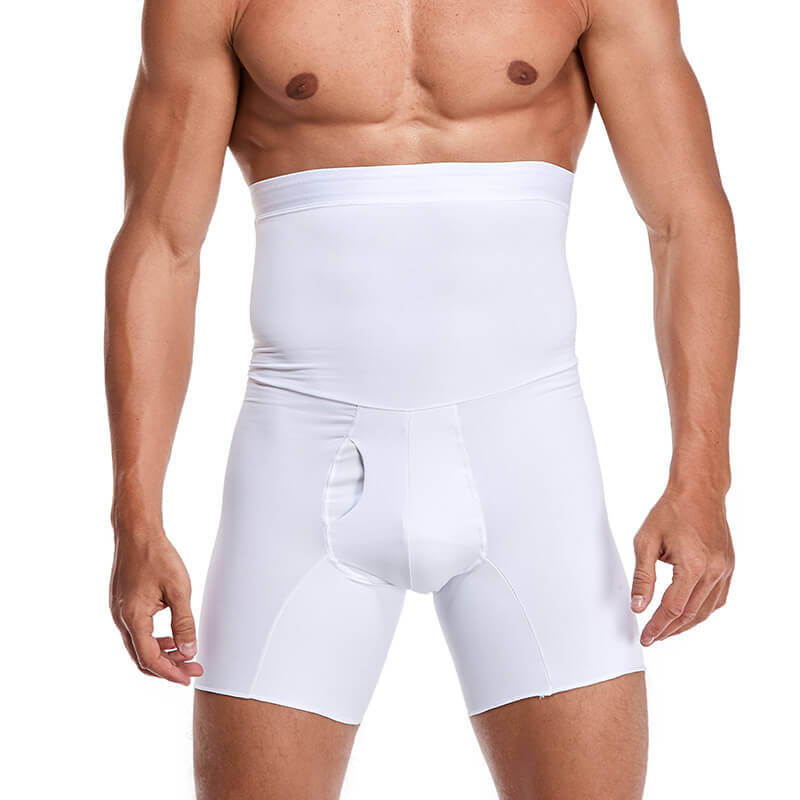 Herren Shapewear Boxershorts, weiß, nahtlos, hoher Bund, Bauchkontrolle, elastisch.