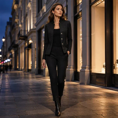 Svart blazer med knappar bärd av en kvinna som går längs en kvällsbelyst gata, med svarta byxor och stövlar. 3