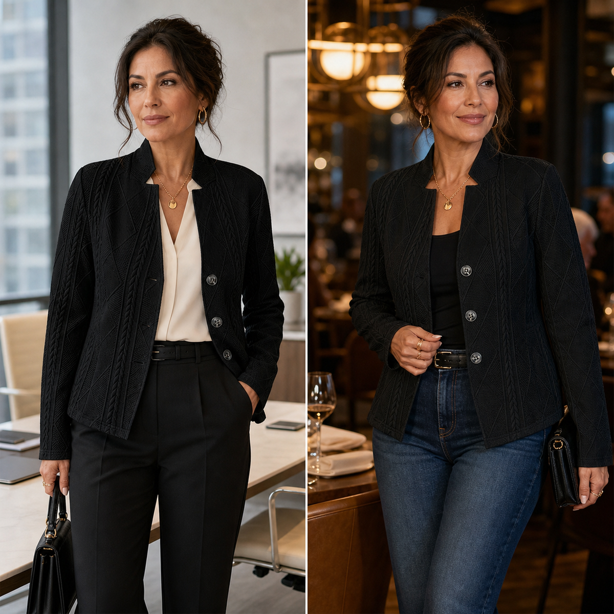 Delad bild med samma svarta blazer stylad två sätt: med blus och byxor på kontoret, med jeans på restaurang. 16