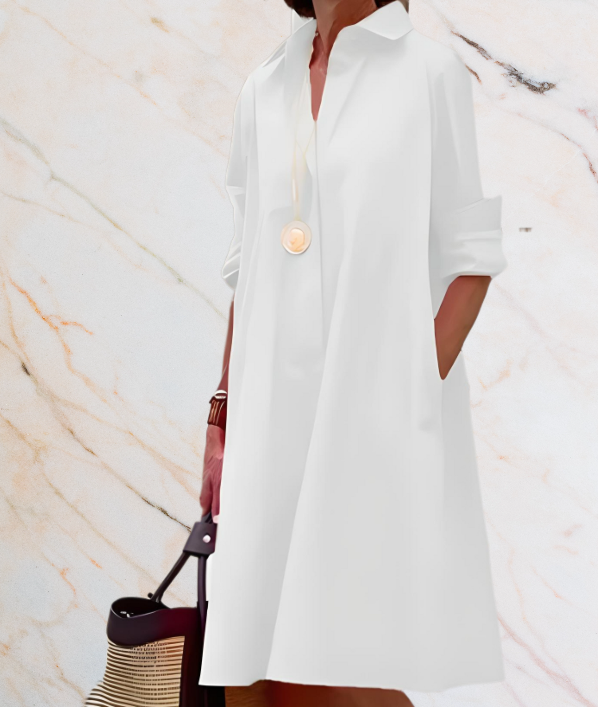 Weiße Hemdblusenkleid Damen, lässig, Baumwolle, mit Taschen, elegantes Design, Sommermode.