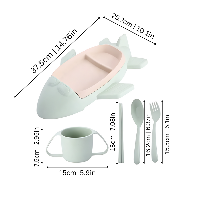 Raketenförmiges Kindergeschirr-Set aus Silikon, mintgrün, mit Löffel, Gabel und Tasse.