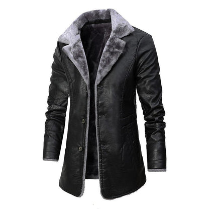 Schwarzer Herren-Wintermantel aus Leder mit grauem Kunstfellkragen, stilvoll und warm.