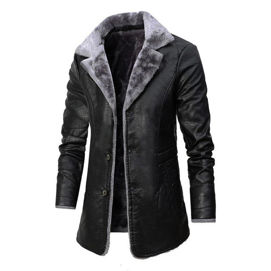 Schwarzer Herren-Wintermantel aus Leder mit grauem Kunstfellkragen, stilvoll und warm.