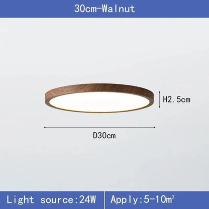 Lampa i mörk valnötston med angivna mått för 30 cm diameter och 2,5 cm höjd samt effekt och rumsyta. 7