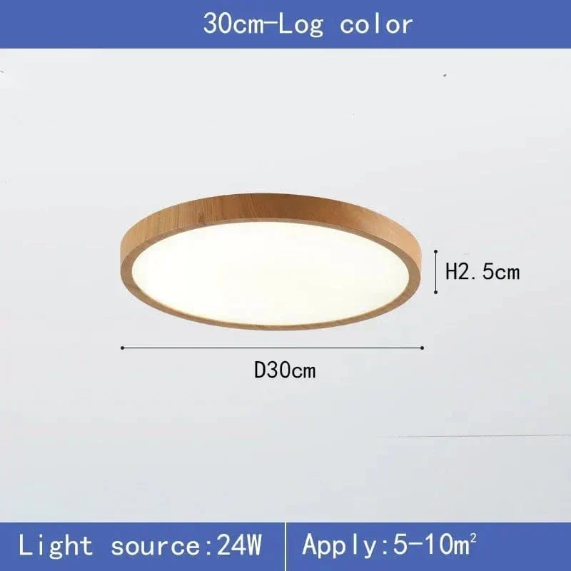 Lampa med ljus trädekor och angivna mått för 30 cm diameter och 2,5 cm höjd samt effekt och rumsyta. 9