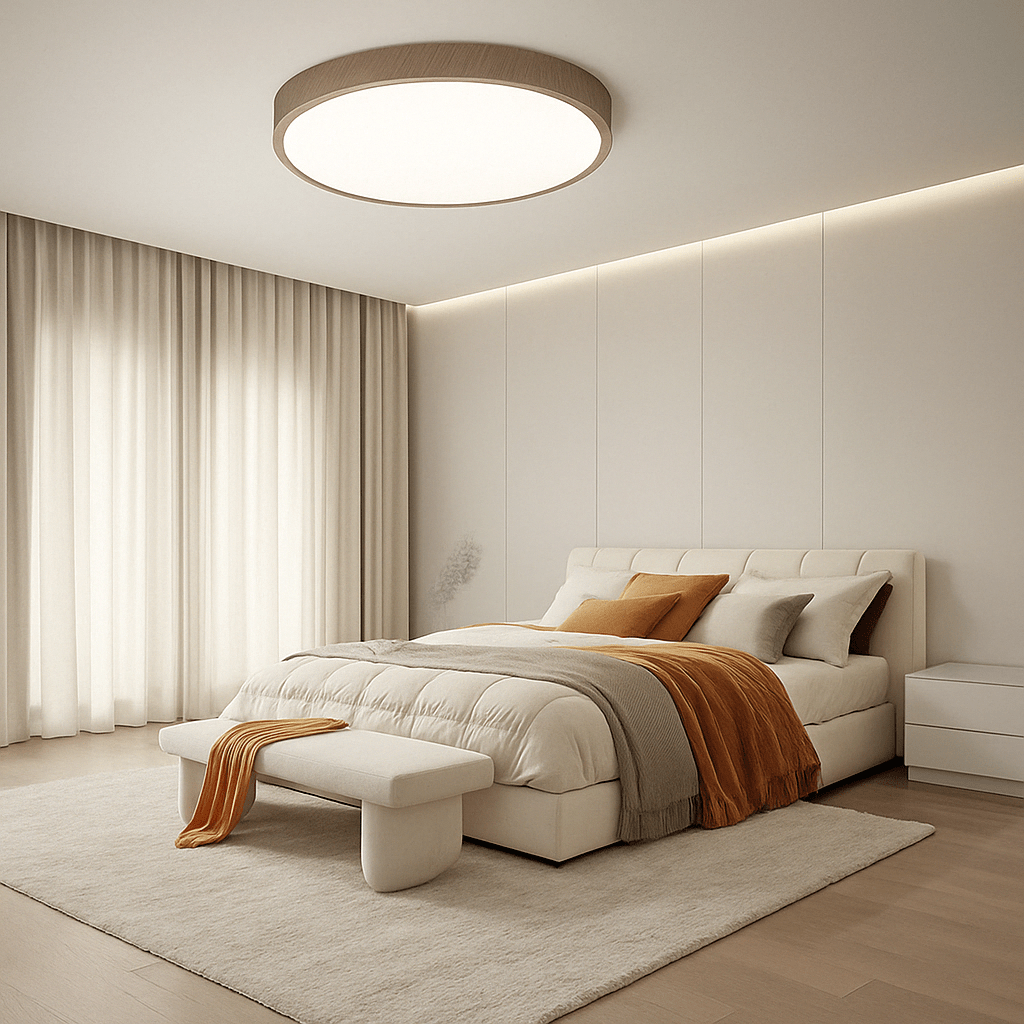 Rund taklampa med ljusbrun träkant över en sovrumssäng med beige sängkläder, orange pläd och mjuk matta. 12