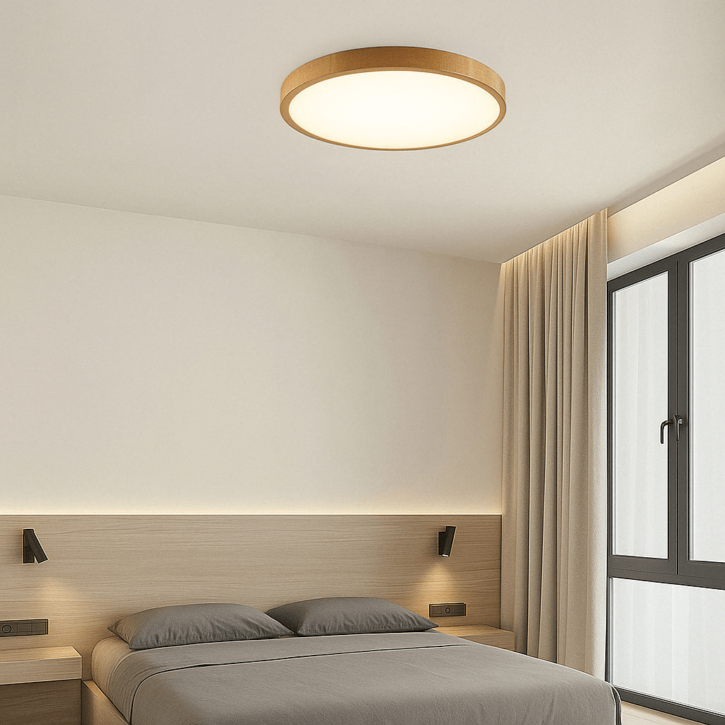 Tänd taklampa med ljus träkant över ett minimalistiskt sovrum med grå kuddar, sänggavel i trä och fönster. 13
