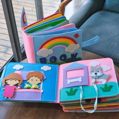 Montessori Stoffbuch für Kinder, bunt, interaktiv, Lernspielzeug, pädagogisch, Filzmaterial