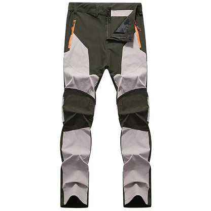 Wasserdichte Outdoor-Hose, grün-grau, mit Reißverschlusstaschen, ideal für Wandern und Trekking.