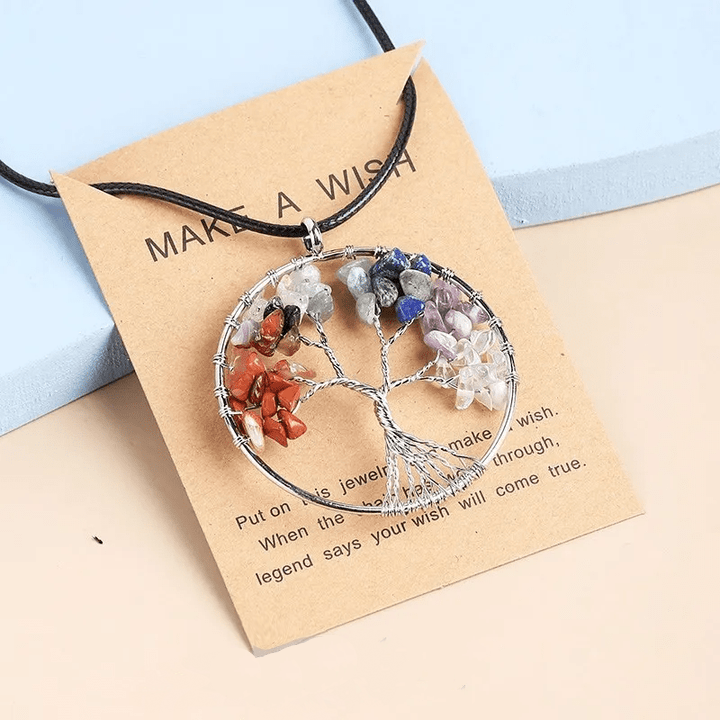 Baum des Lebens Anhänger, Silber, bunte Edelsteine, Lederkette, handgefertigter Schmuck.