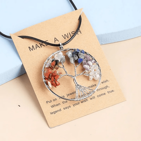 Baum des Lebens Anhänger, Silber, bunte Edelsteine, Lederkette, handgefertigter Schmuck.