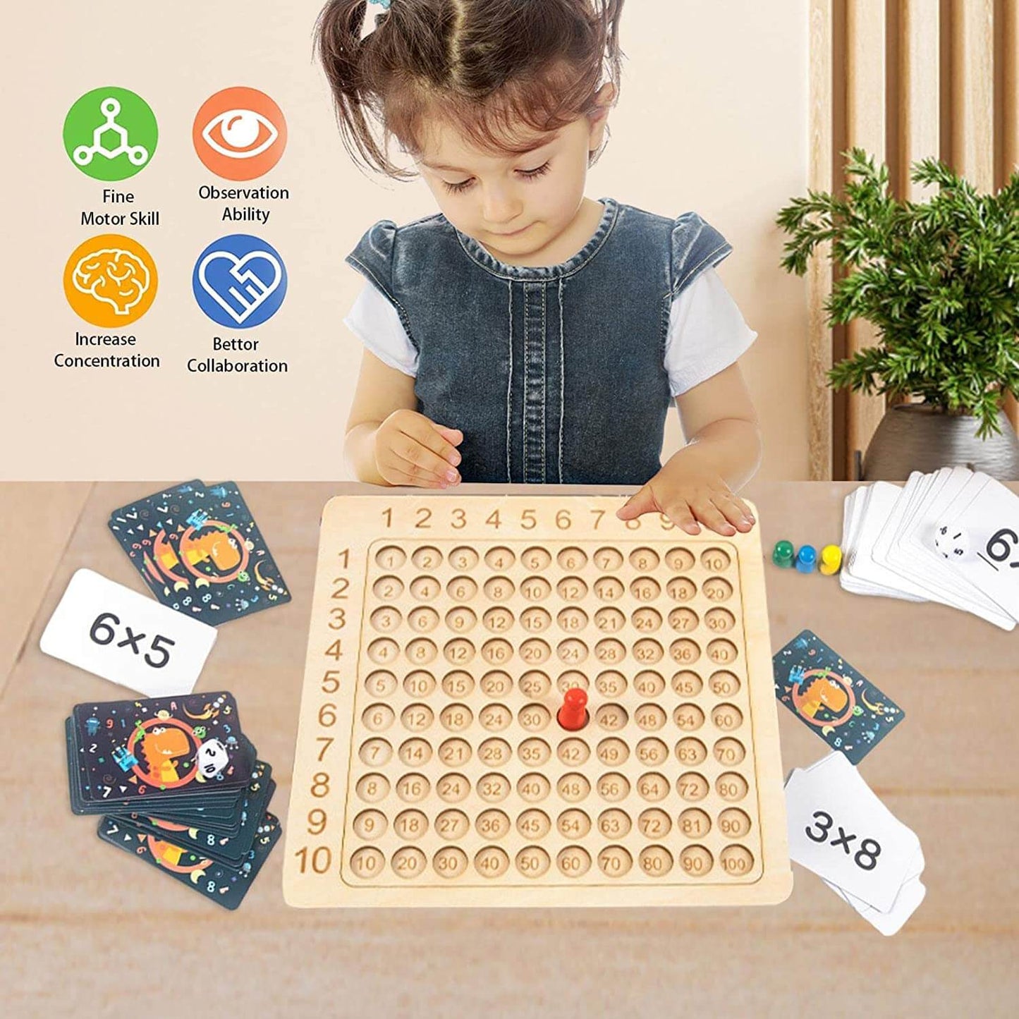 Lärande spel träbräda för multiplikation 1–10 med kort och tärningar