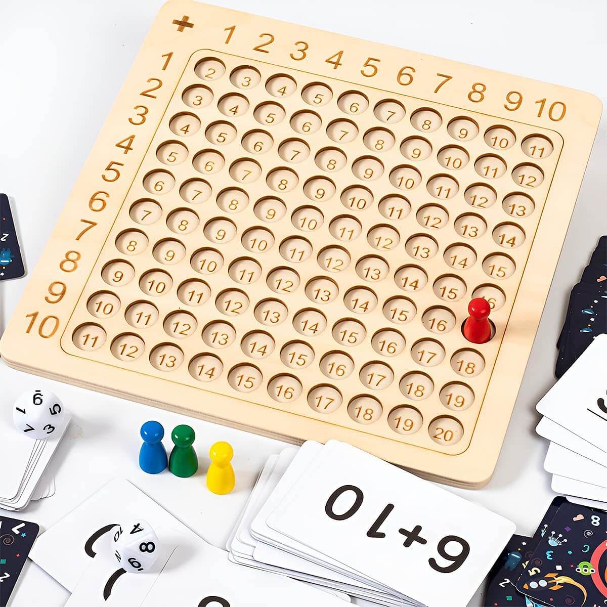 Lärande spel träbräda för multiplikation 1–10 med kort och tärningar