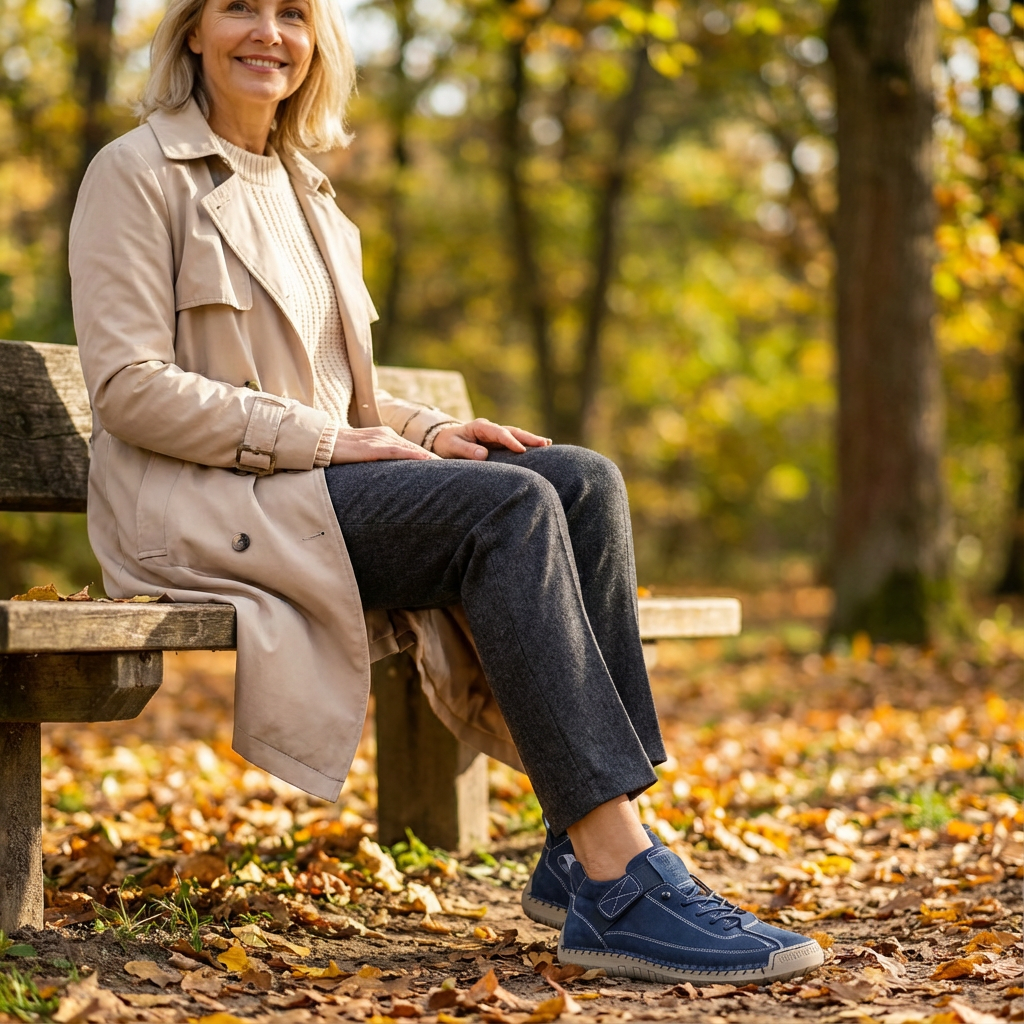 Leende kvinna i beige trenchcoat sitter på en parkbänk i höstskogen och bär blå promenadskor med kardborreband. 21
