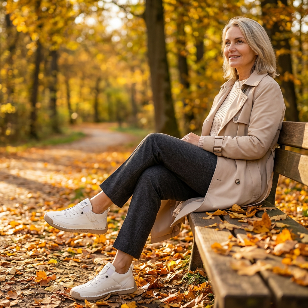 Kvinna i trenchcoat sitter på en bänk i höstlöv och bär vita skor, korslagda ben och blick bort mot stigen. 16