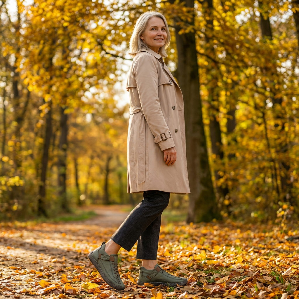 Kvinna i trenchcoat promenerar i gyllene höstskog och bär gröna skor, sedd från sidan. 19