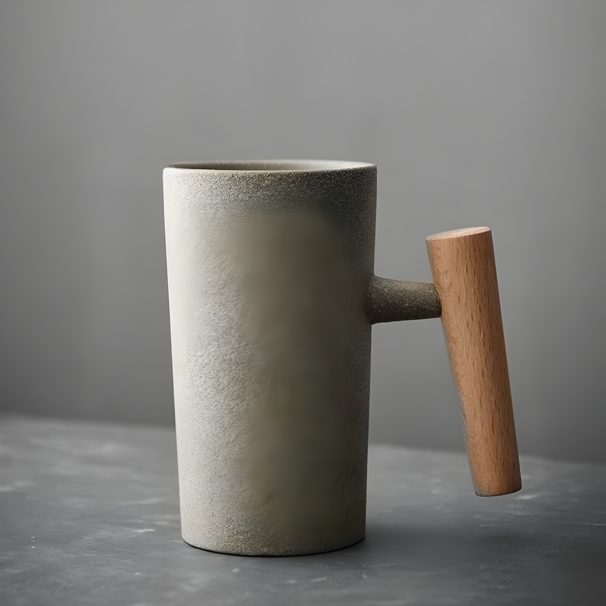 Ljust beige mugg med sträv yta och handtag av ljust trä 3