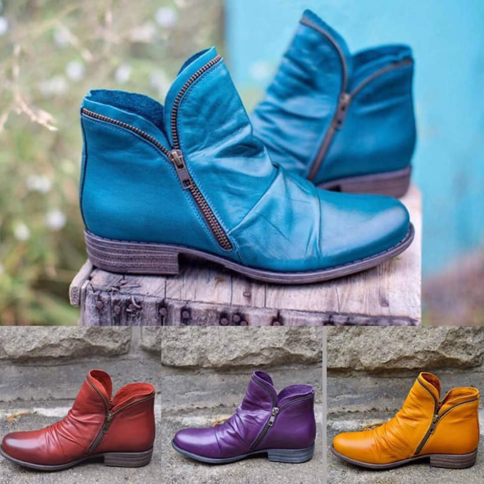 Bunte Damen-Stiefeletten aus Leder mit Reißverschluss, ideal für kalte Tage.