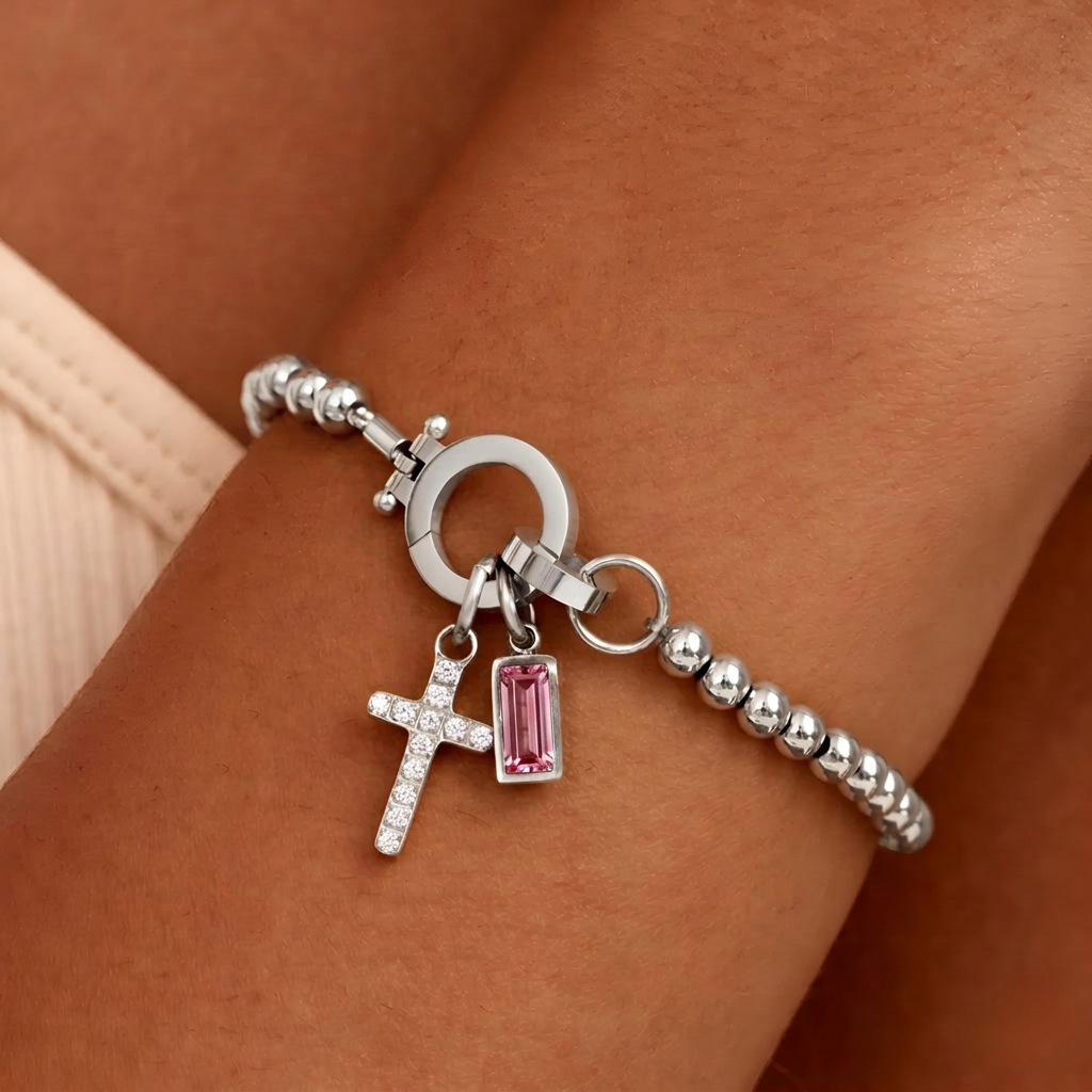 Nova Bead Birthstone Bracelet with Cross Charm 34