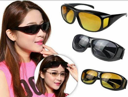 Frau mit Nachtsichtbrille, gelbe Gläser, schwarz, modisch, Autofahren, Nachtfahrbrille.