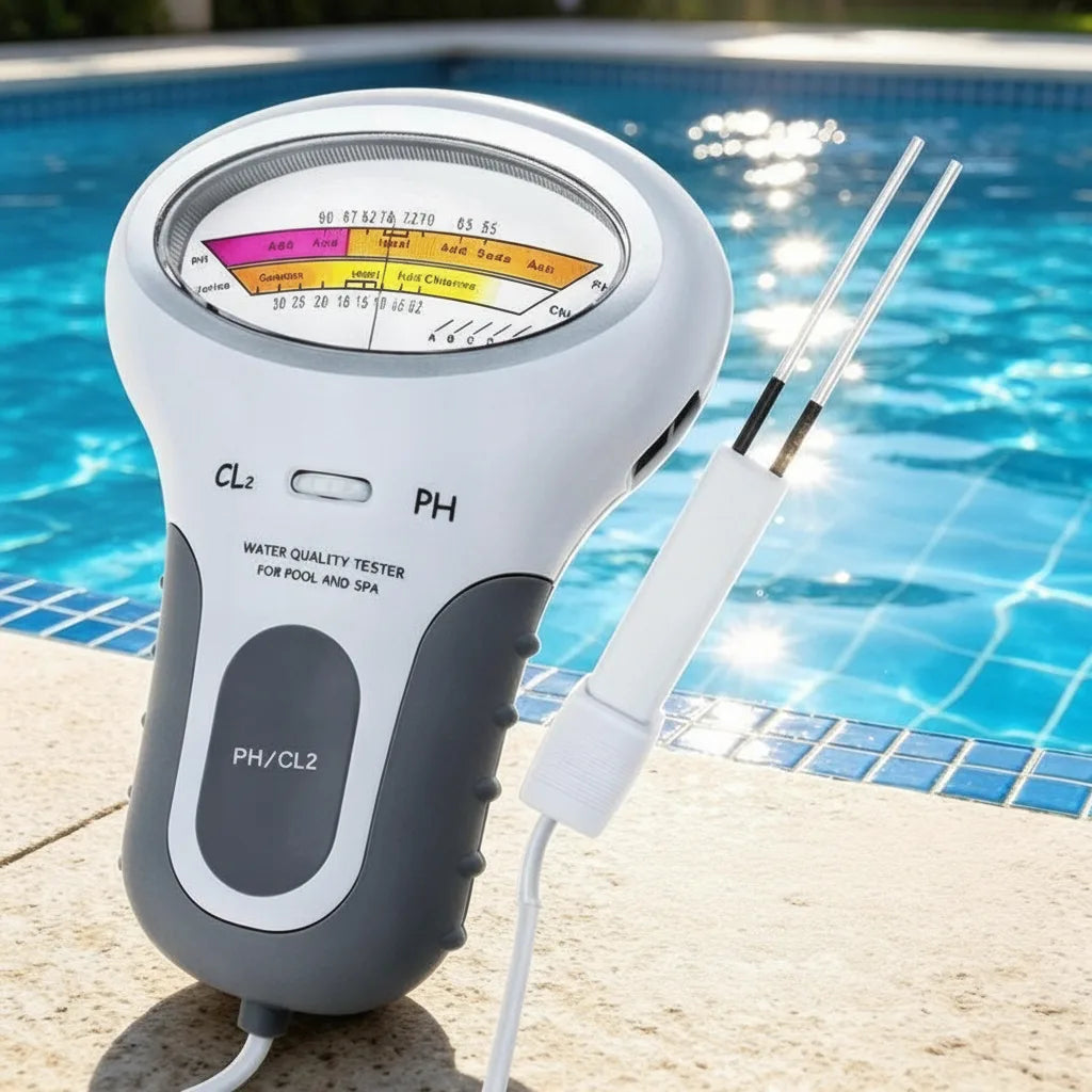 Vitgrå testare med färgad urtavla och lös tvåstiftssond, stående på stenkanten vid en solglittrande pool. 1