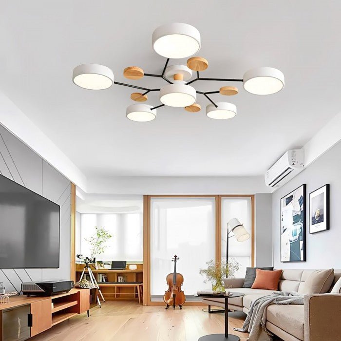 Moderne LED-Deckenleuchte, nordisches Design, weiß und holzfarben, Wohnzimmerbeleuchtung.