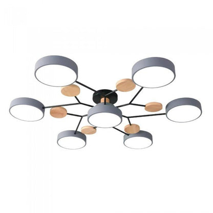 Moderne nordische LED-Deckenleuchte, schwarz, Holzdetails, runde Scheiben, Wohnzimmerbeleuchtung.